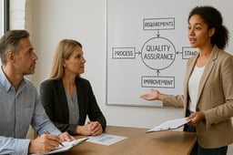 Three professionals in a meeting discussing internal quality assurance for the Level 4 Award in Understanding the Internal Quality Assurance of Assessment Processes and Practice (IQA Award Unit 1)