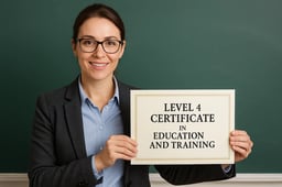 Teacher holding a certificate for the Level 4 Certificate in Education and Training in a classroom setting