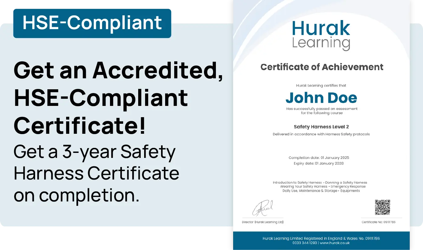 Sample certificate for Hurak-accredited, HSE-compliant Harness Training in West Midlands – valid for 3 years