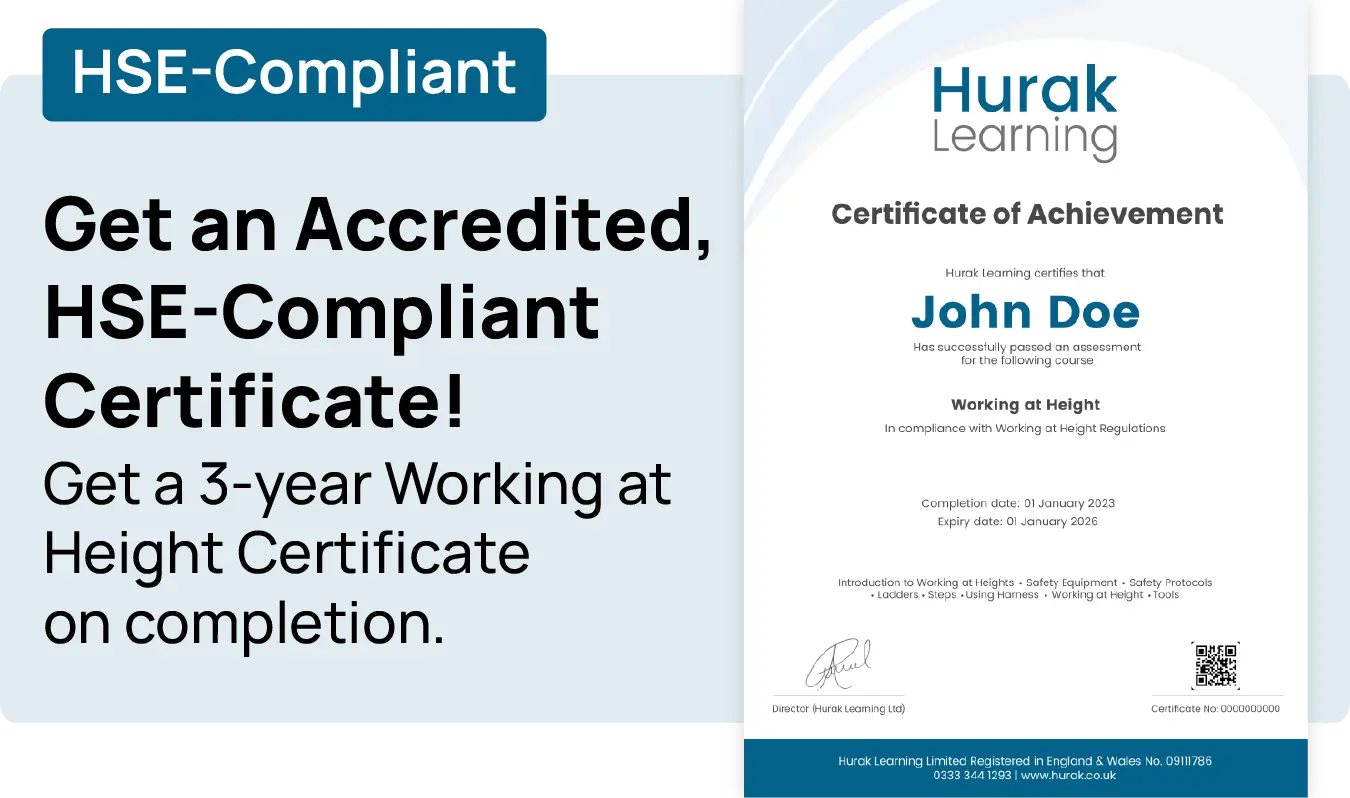 Working at Height Hounslow certificate sample — Hurak accredited, HSE compliant, valid for three years