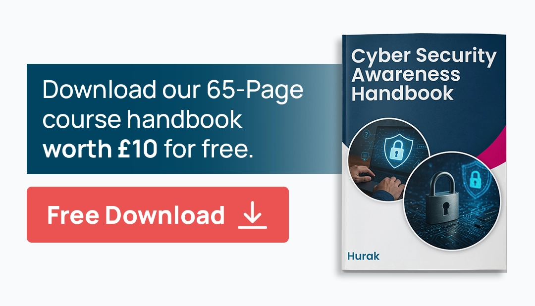 Banner inviting learners to download Hurak’s Cybersecurity Awareness Training handbook (worth £10) – Includes phishing, DDoS, and GDPR updates for free.