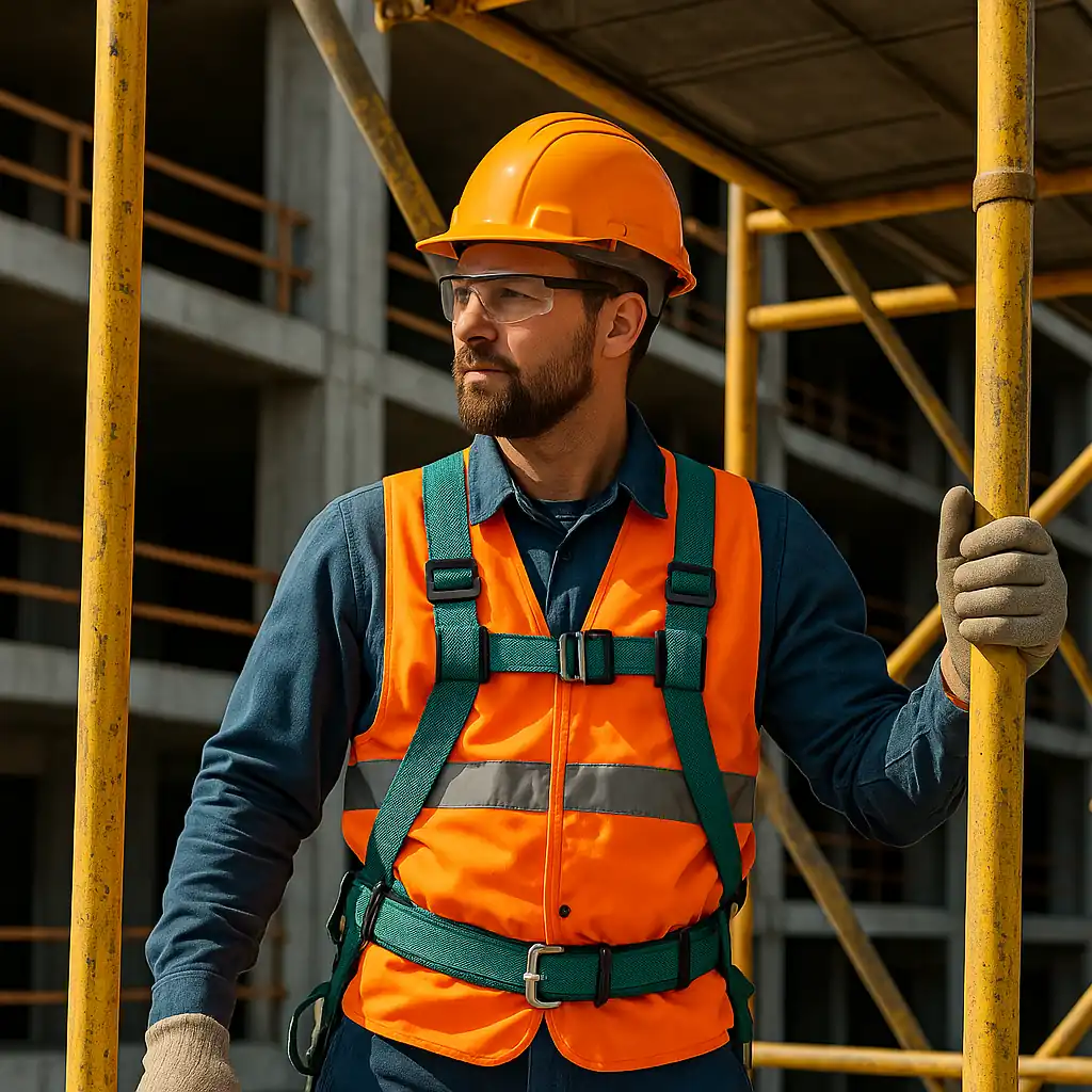 Construction worker on scaffold in full safety gear — hero image for Hurak’s accredited, HSE-compliant Working at Height training (online, classroom, or on-site).