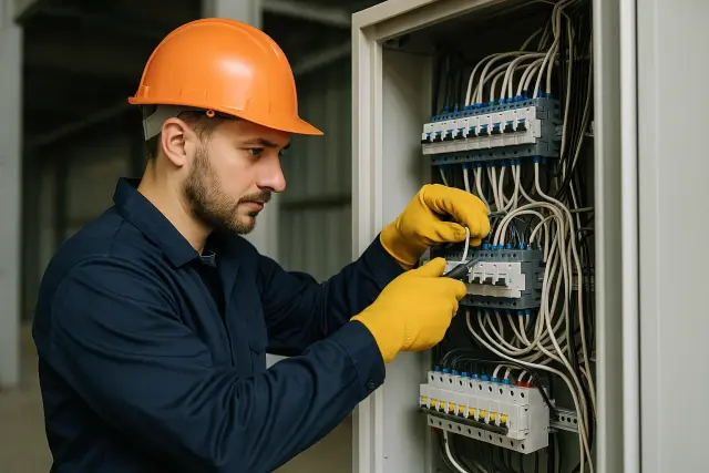 Licensed electrician wearing safety gloves and a hard hat, working attentively on complex wiring inside an electrical panel in an industrial setting