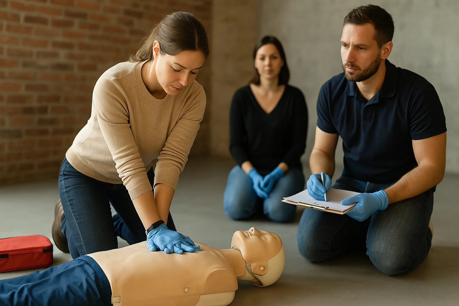 Emergency First Aid At Work (EFAW) training session showing a participant performing chest compressions on a CPR mannequin under instructor supervision