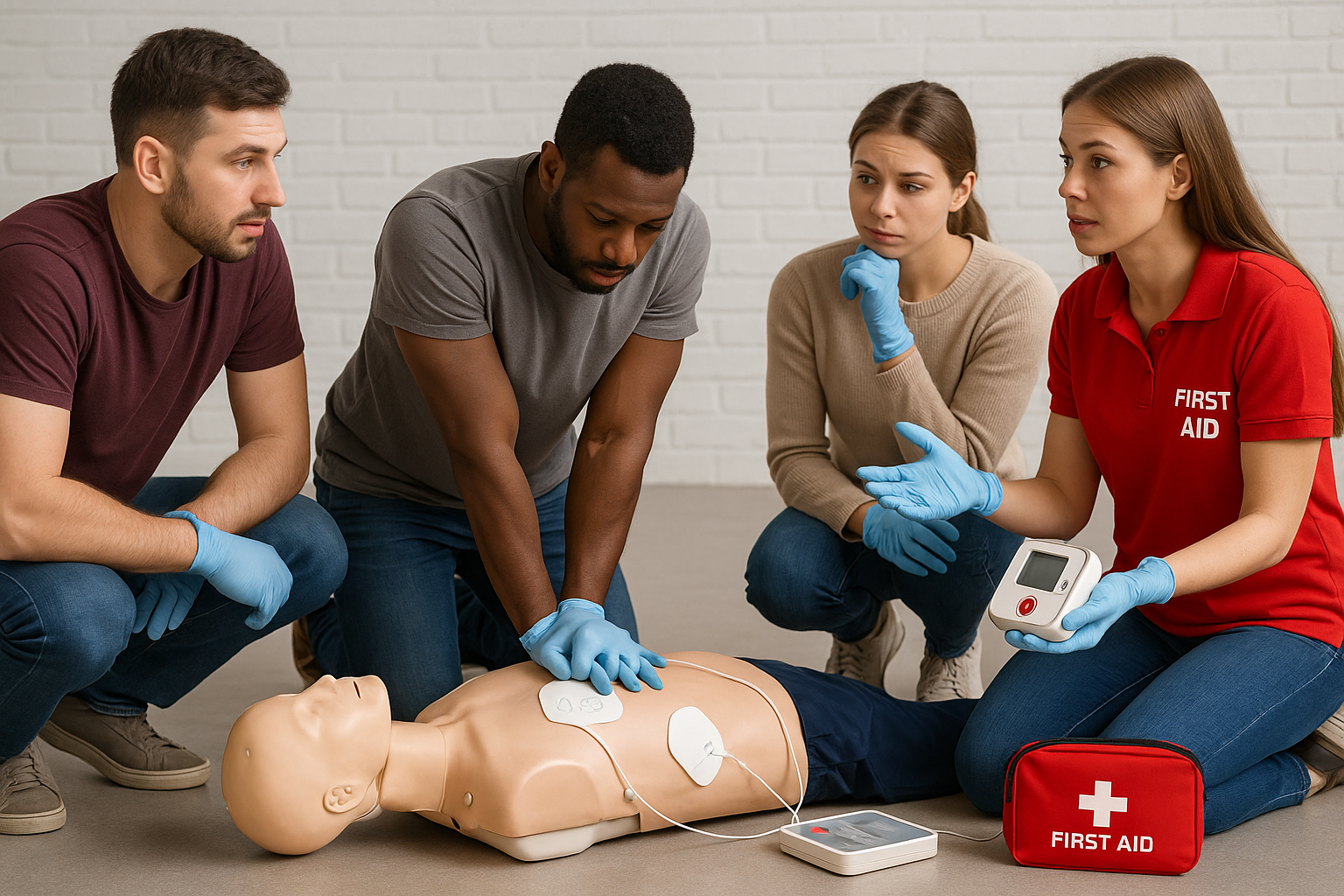 Participants practicing CPR and AED use during First Aid at Work Requalification Course (FAWR)