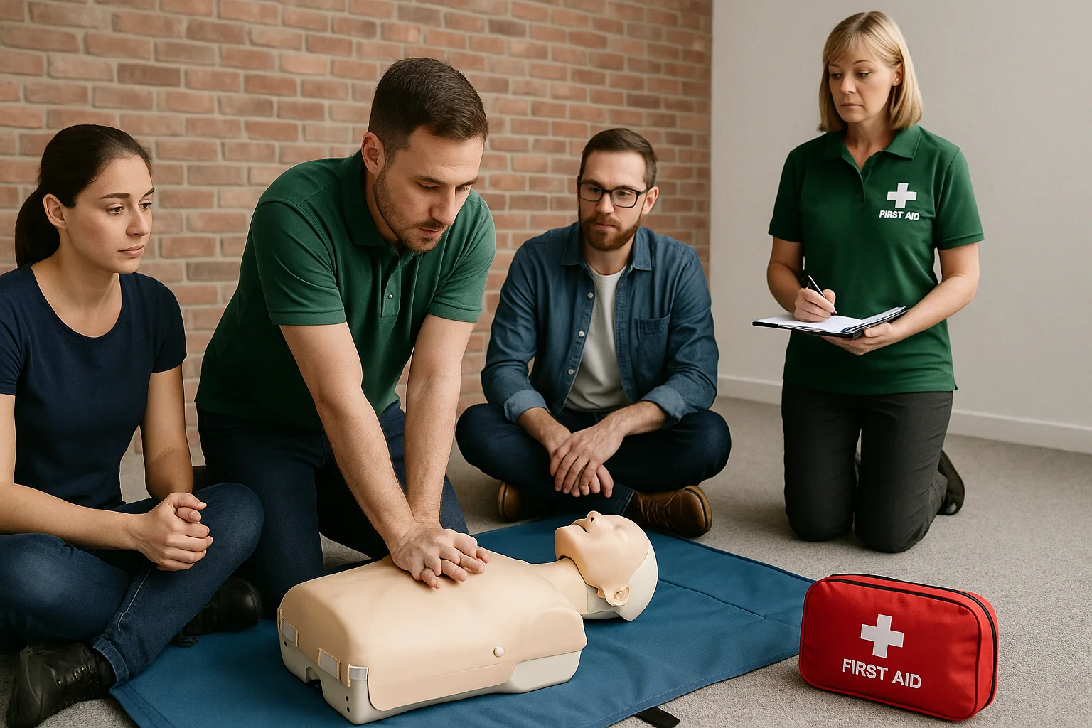 Level 3 First Aid at Work training session showing CPR demonstration on a mannequin with participants observing and instructor supervising