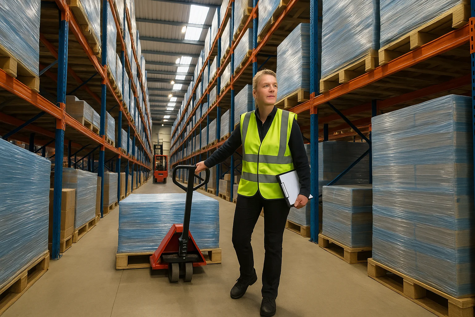 Warehouse worker using a pallet jack during manual handling training course