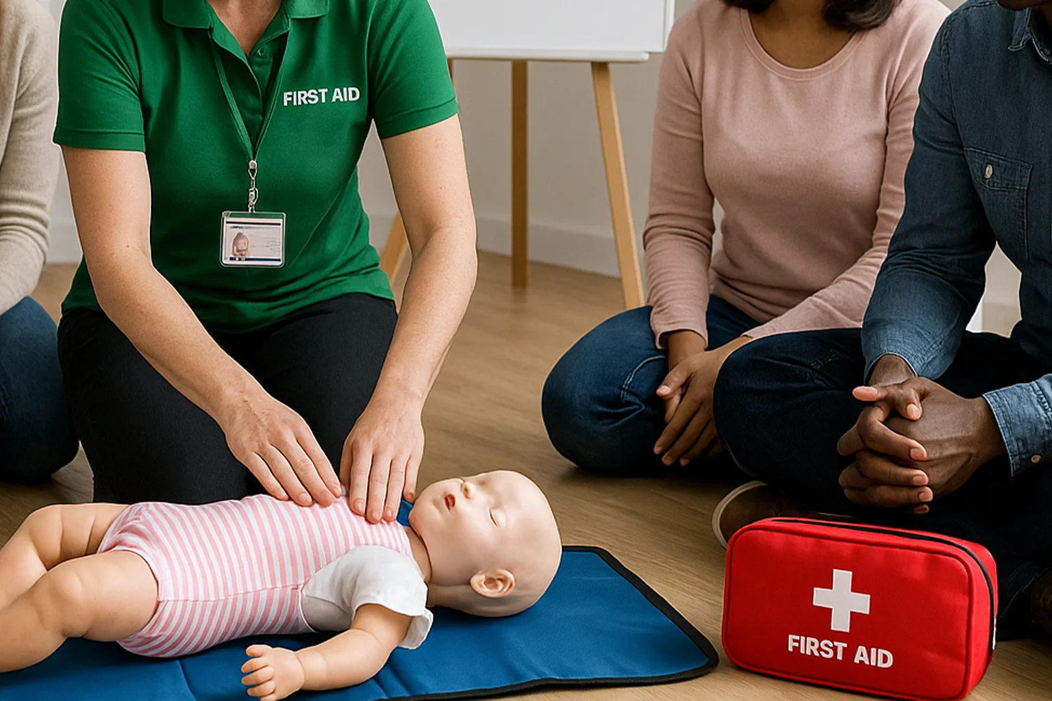 Instructor demonstrating infant CPR to adult learners during a Paediatric First Aid Training course