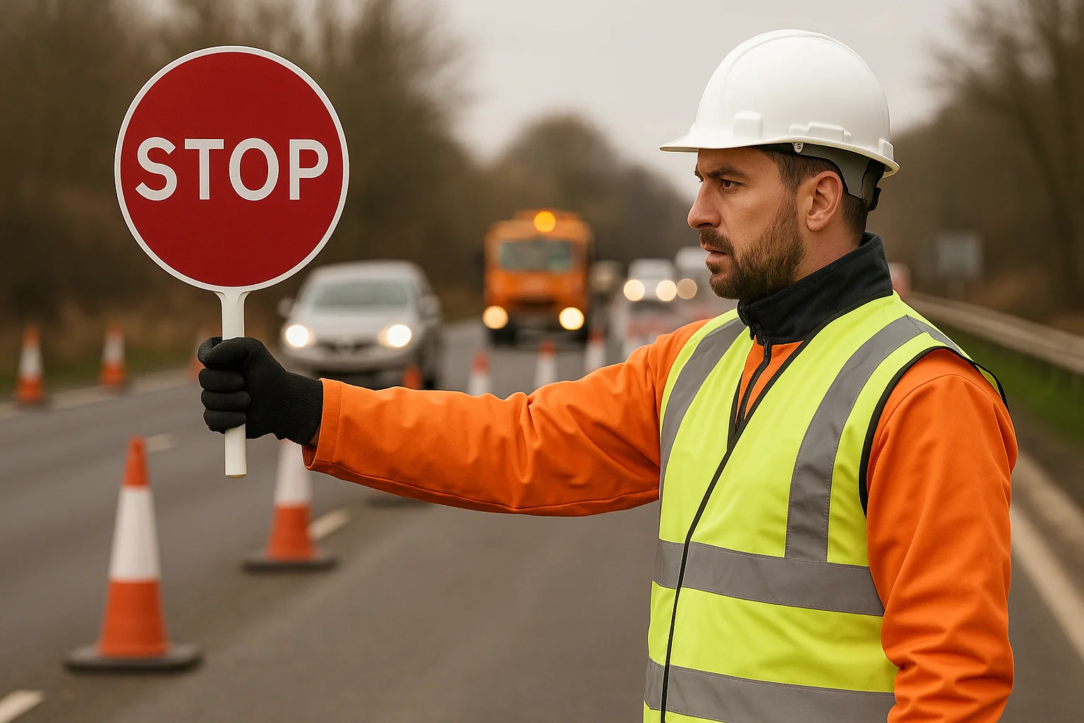 Traffic marshal directing vehicles on-site for the Traffic Banksman (Traffic Marshal) Training Course